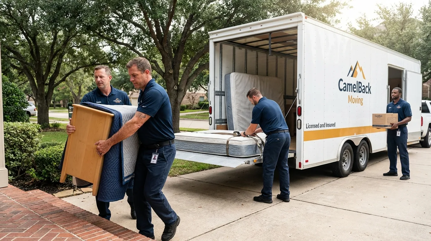 Crew loading residential truck for cross-state move from Huxley, IA