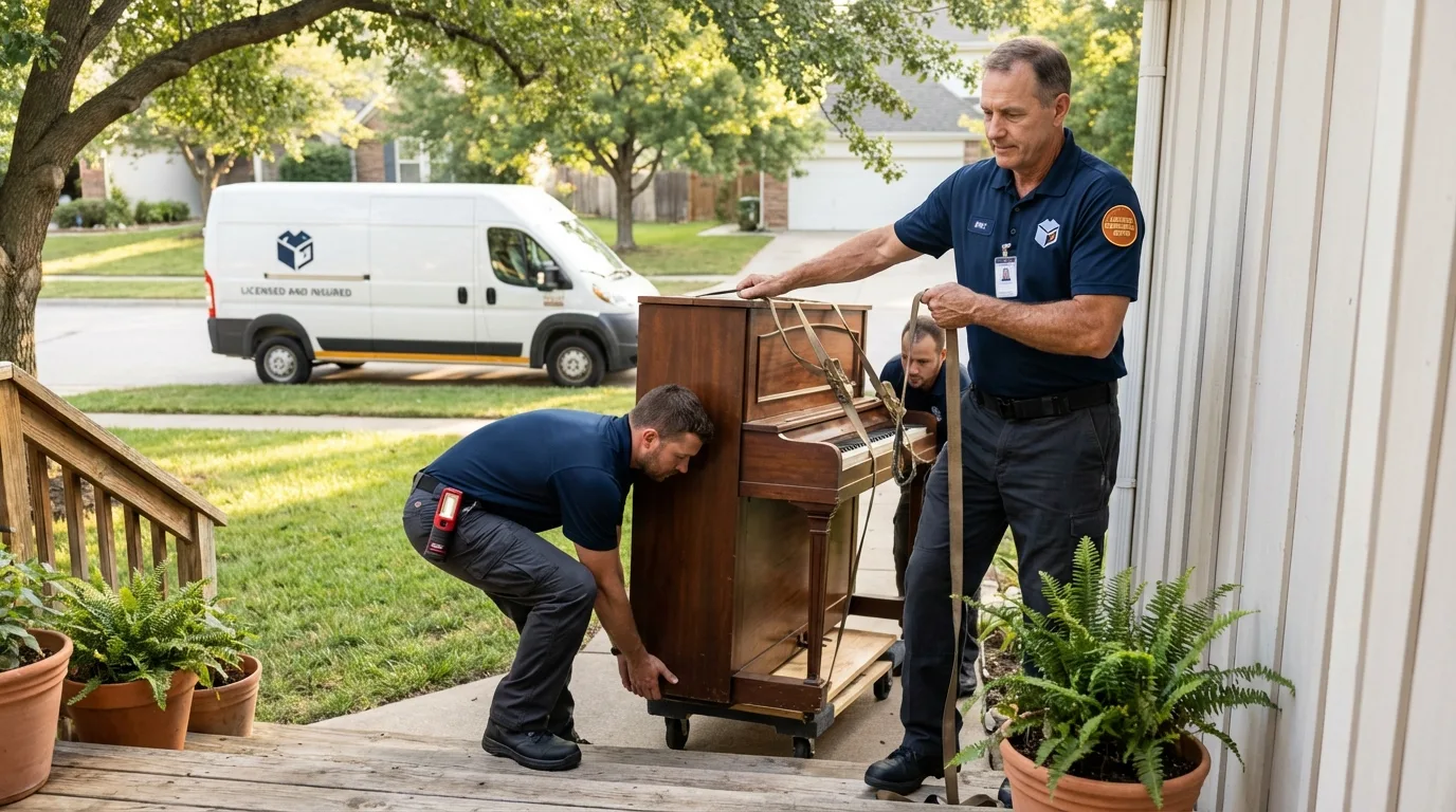 Licensed piano movers securing grand piano in Huxley, IA