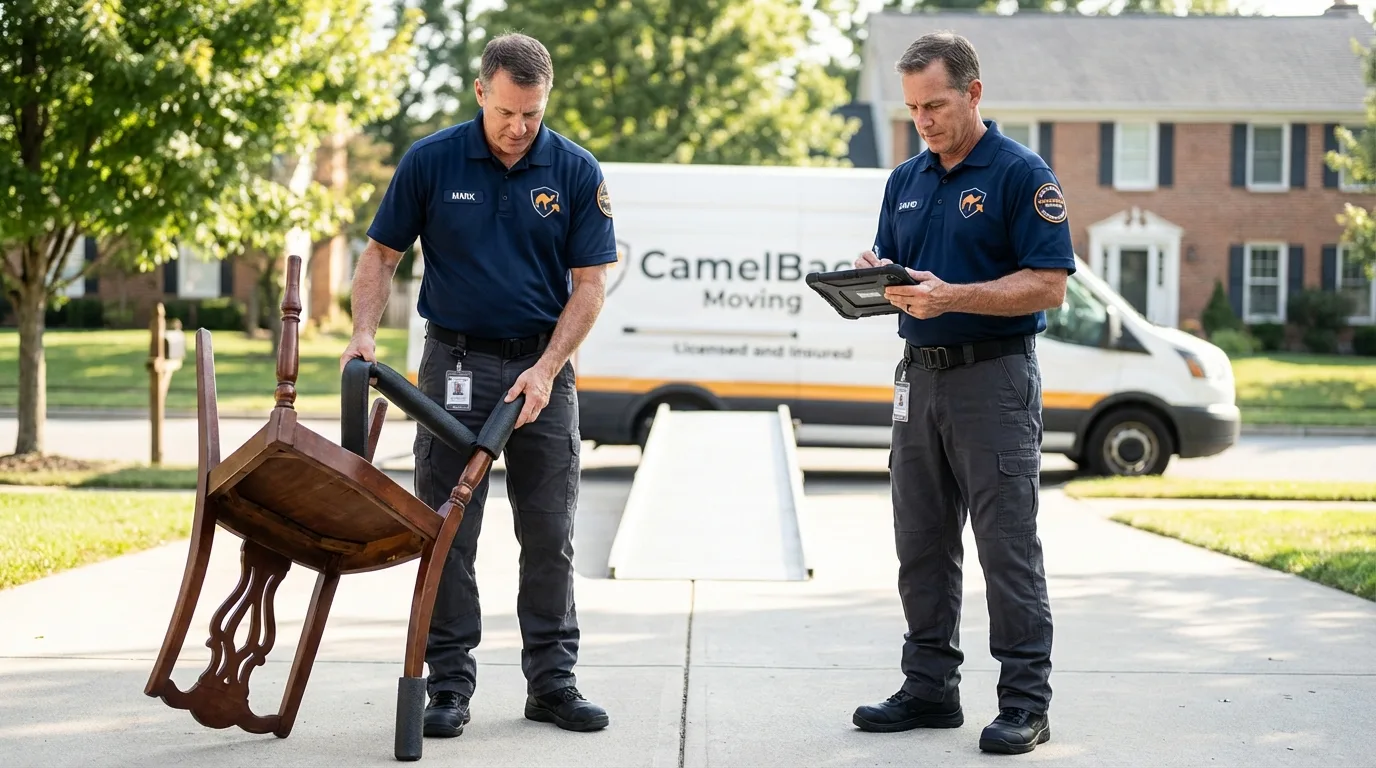 Movers inspecting furniture for damage prevention before loading in Huxley, IA