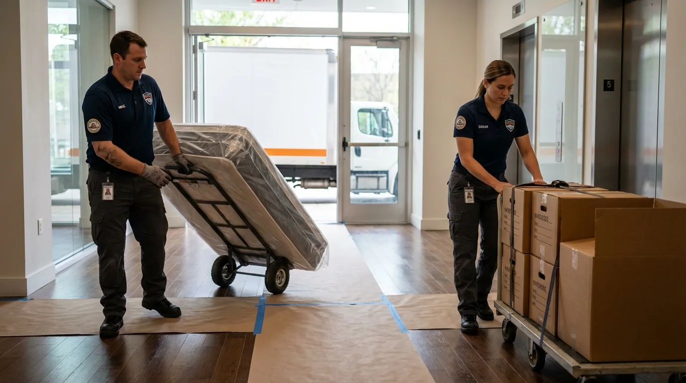 Professional apartment movers loading elevator in Huxley, IA