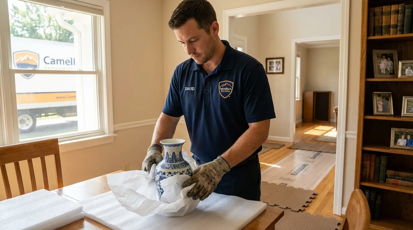 Professional crew carefully wrapping antique vase for senior downsizing move in Huxley, IA